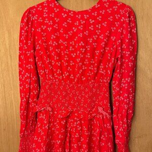 Long Sleeve Red Floral Mini Dress with Ruched Waist  - Size XS
